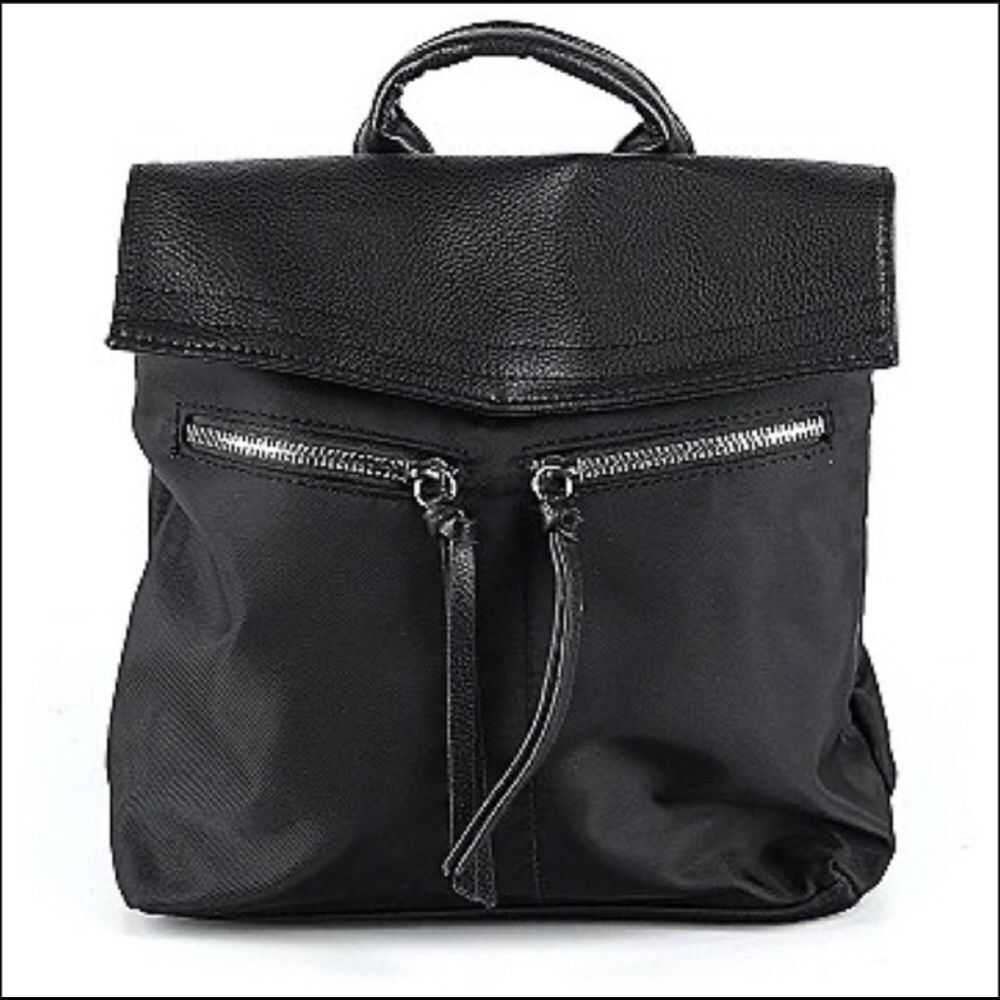 Botkier New York Warren Black Nylon Leather Flap Backpack Logo Straps Bag